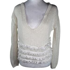 Derek Lam 10 Crosby Intermix V-neck Sweater Lightweight Open Knit Fringe Small